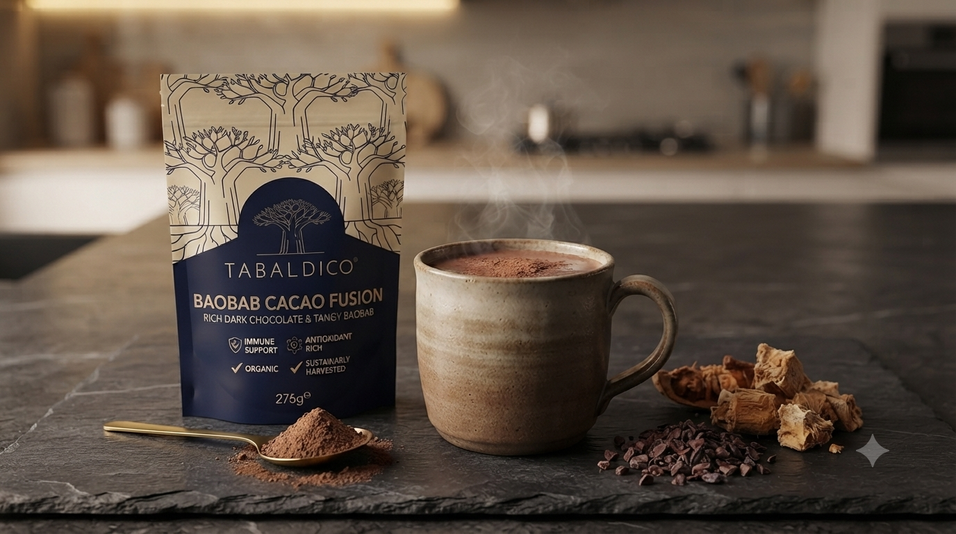 Tabeldi Baobab Cacao Fusion — 275g navy pouch with gold foil accents beside a steaming ceramic mug on a dark slate surface