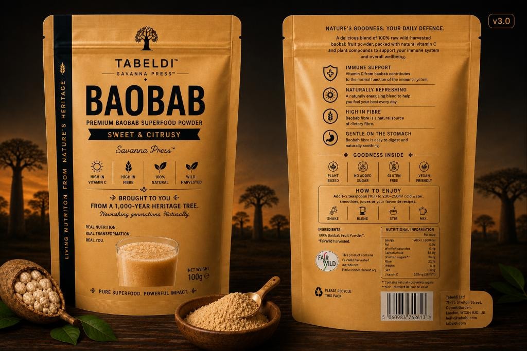 Tabeldi Savanna Press Baobab Premium Superfood Powder 100g kraft pouch — front and back packaging showing nutritional information, FairWild certification and baobab savanna background
