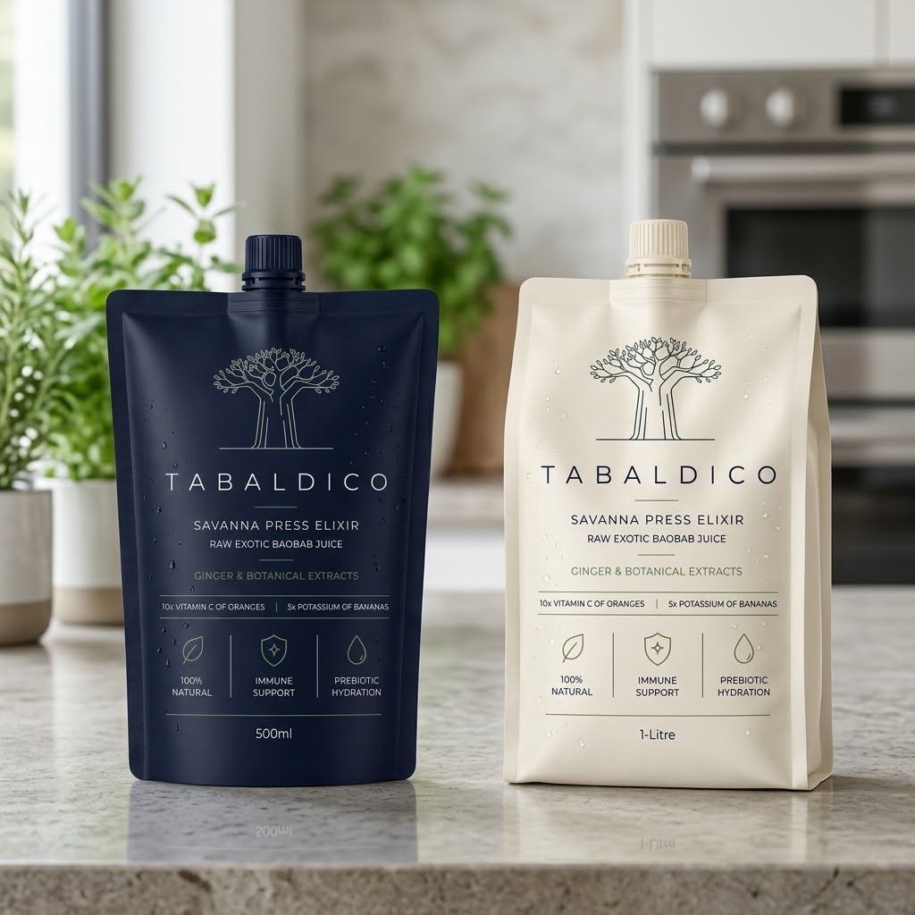 Tabeldi Baobab Juice Elixir — 500ml dark navy pouch and 1-Litre cream pouch on marble counter with herbs and appliances